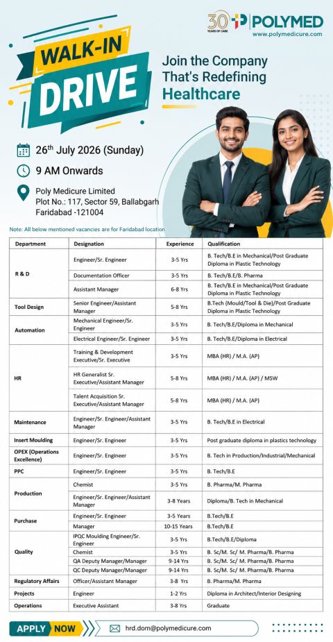 Poly Medicure Limited walk - in Drive for Multiple Positions in R&D, Production, Quality, Regulatory Affairs, HR, Maintenance, Automation, Purchase, Operations, PPC, OPEX, Tool Design, Projects on 26th July 2026 - Pharmawisdom.co.in