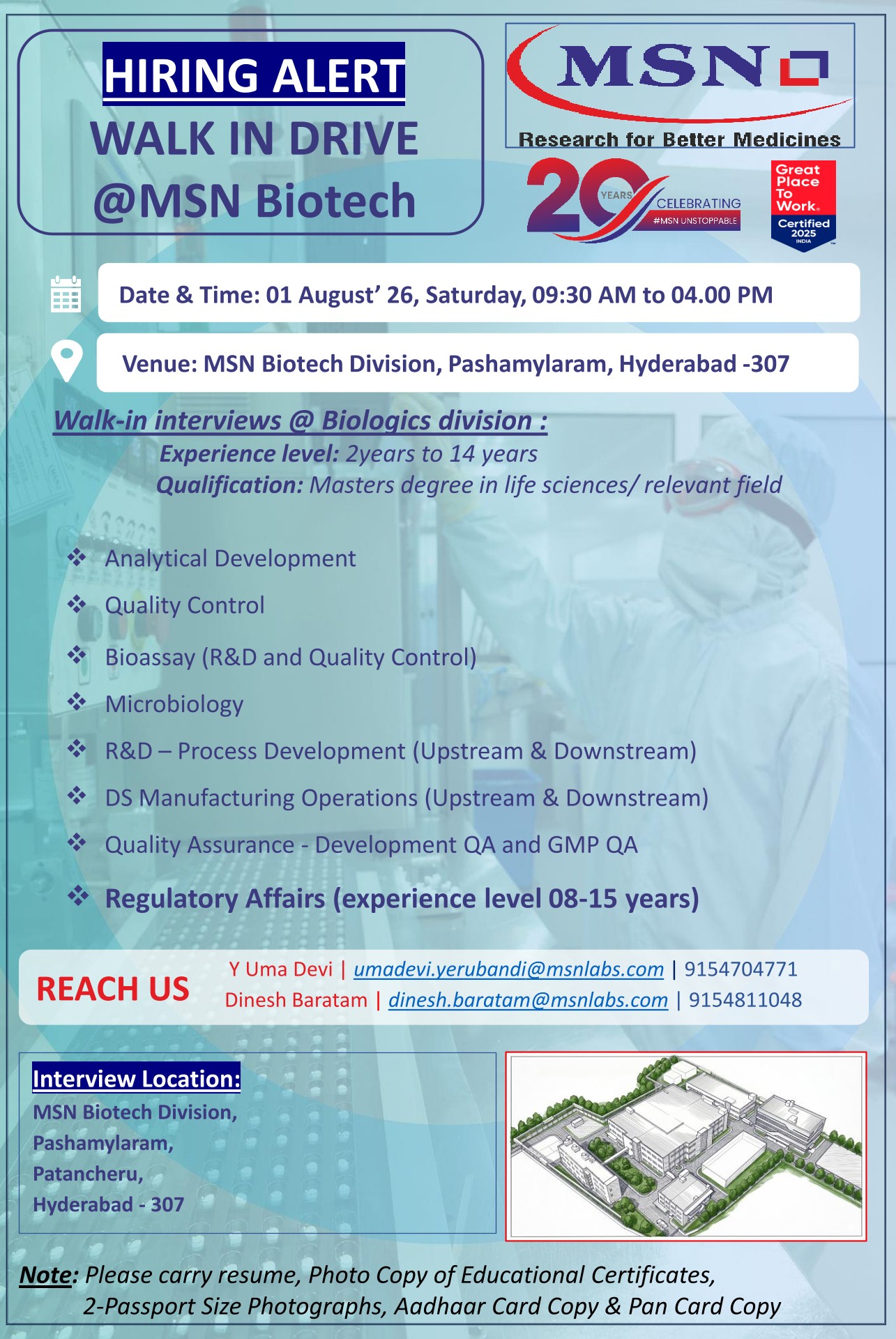 MSN Biotech (MSN Laboratories) walk in for Biologics Research, Development, Manufacturing, Quality, Regulatory Affairs on 1st Aug 2026 - Pharmawisdom.co.in
