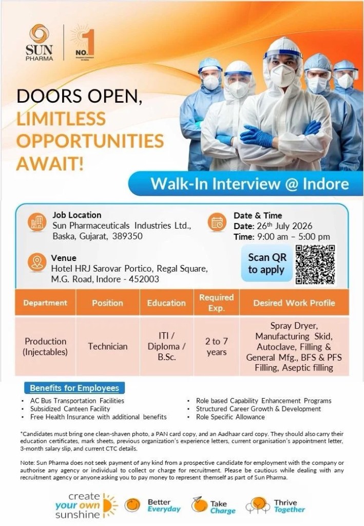 Sun Pharmaceutical is Hiring for Technician &ndash; Production (Injectables)