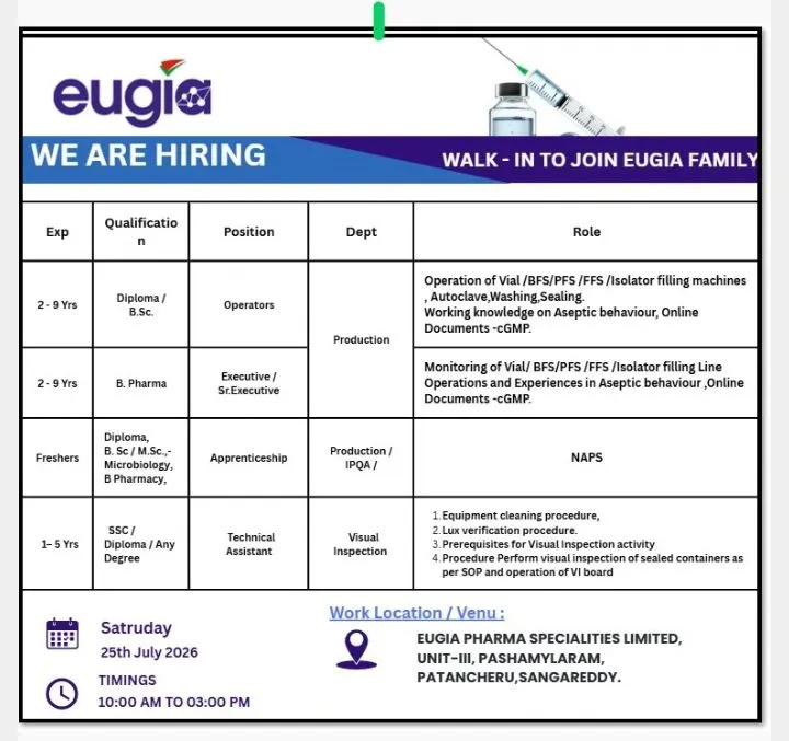 Eugia Pharma is Hiring for Production, IPQA & Inspection Jobs