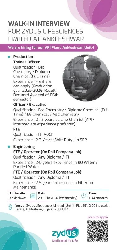 Zydus Lifesciences Limited is Hiring for Production & Engineering Job