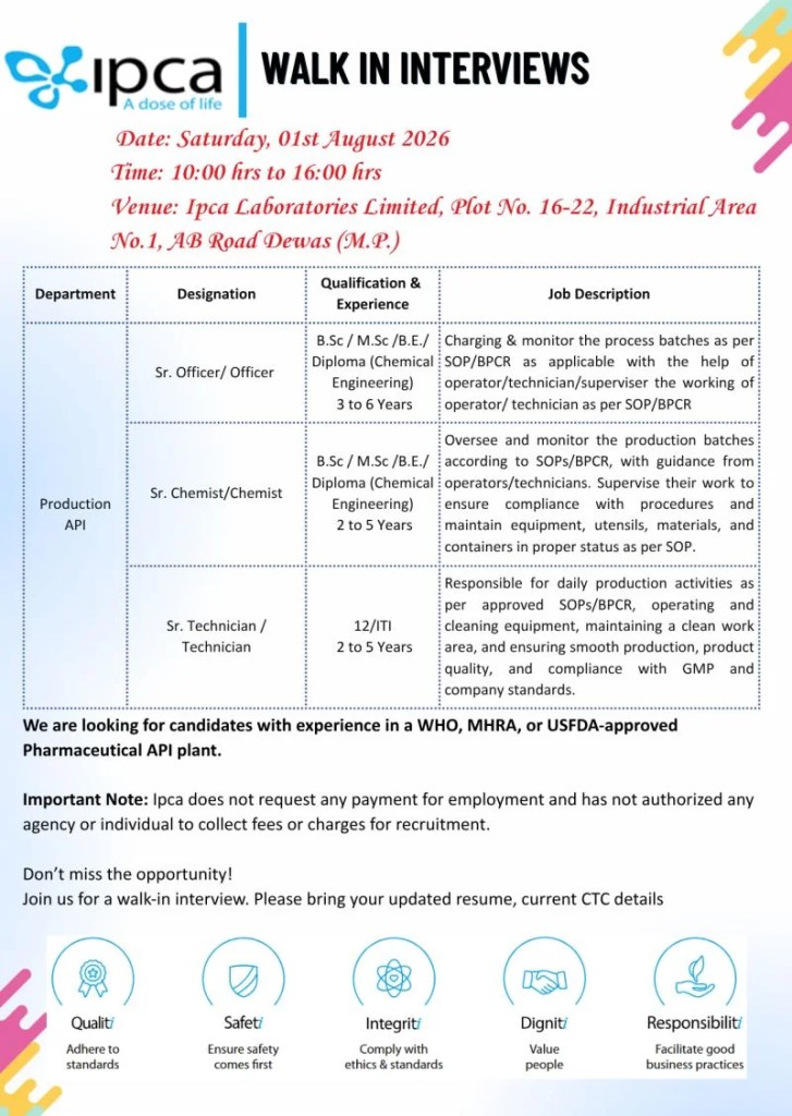 Ipca Laboratories Walk-In Interview 2026 for Production API Roles