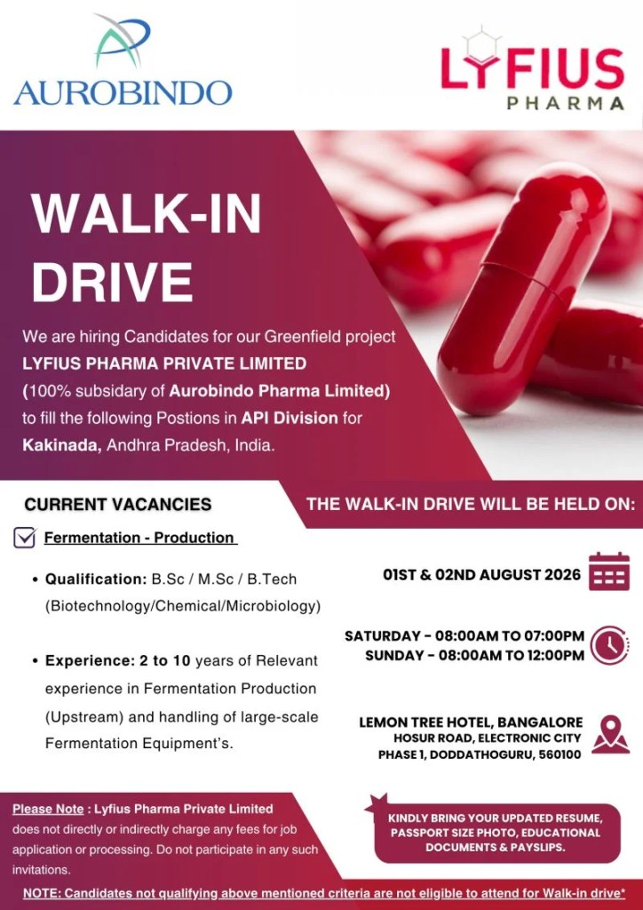 Lyfius Pharma (Aurobindo) is Hiring for Fermentation &ndash; Production