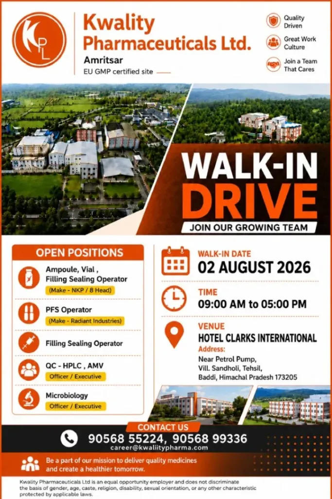 Kwality Pharmaceuticals is Hiring for Production, QC & Microbiology