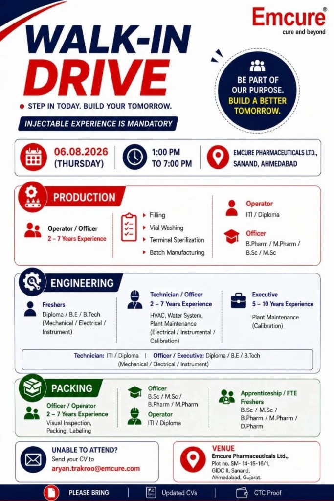 Emcure Pharma is Hiring Fresher & Experienced for Production, Engineering & Packing