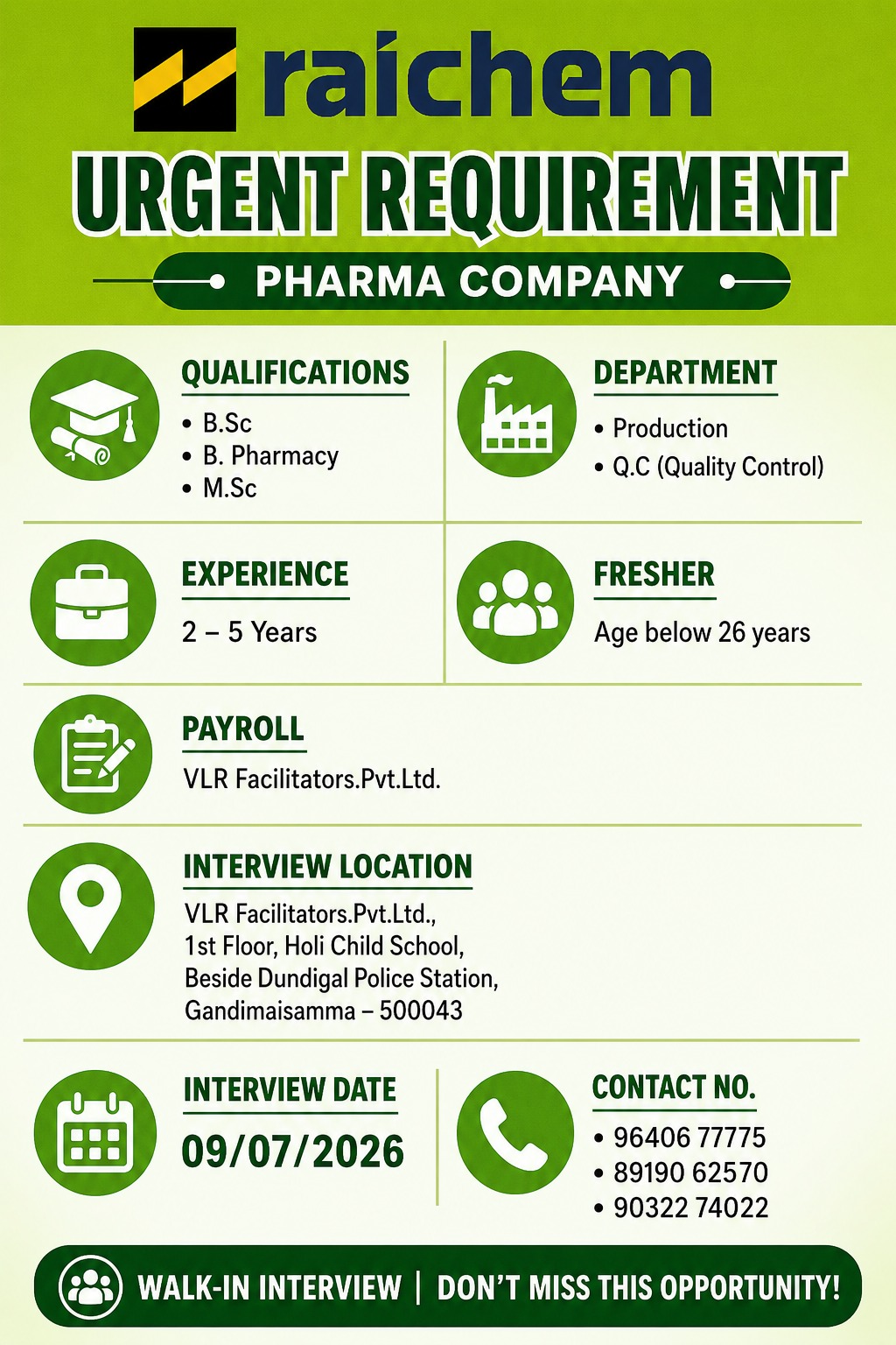 Raichem Pharma Walk-In Interviews for Freshers & Experienced in Production / QC Departments on 9th July ' 2026 - Pharmawisdom.co.in
