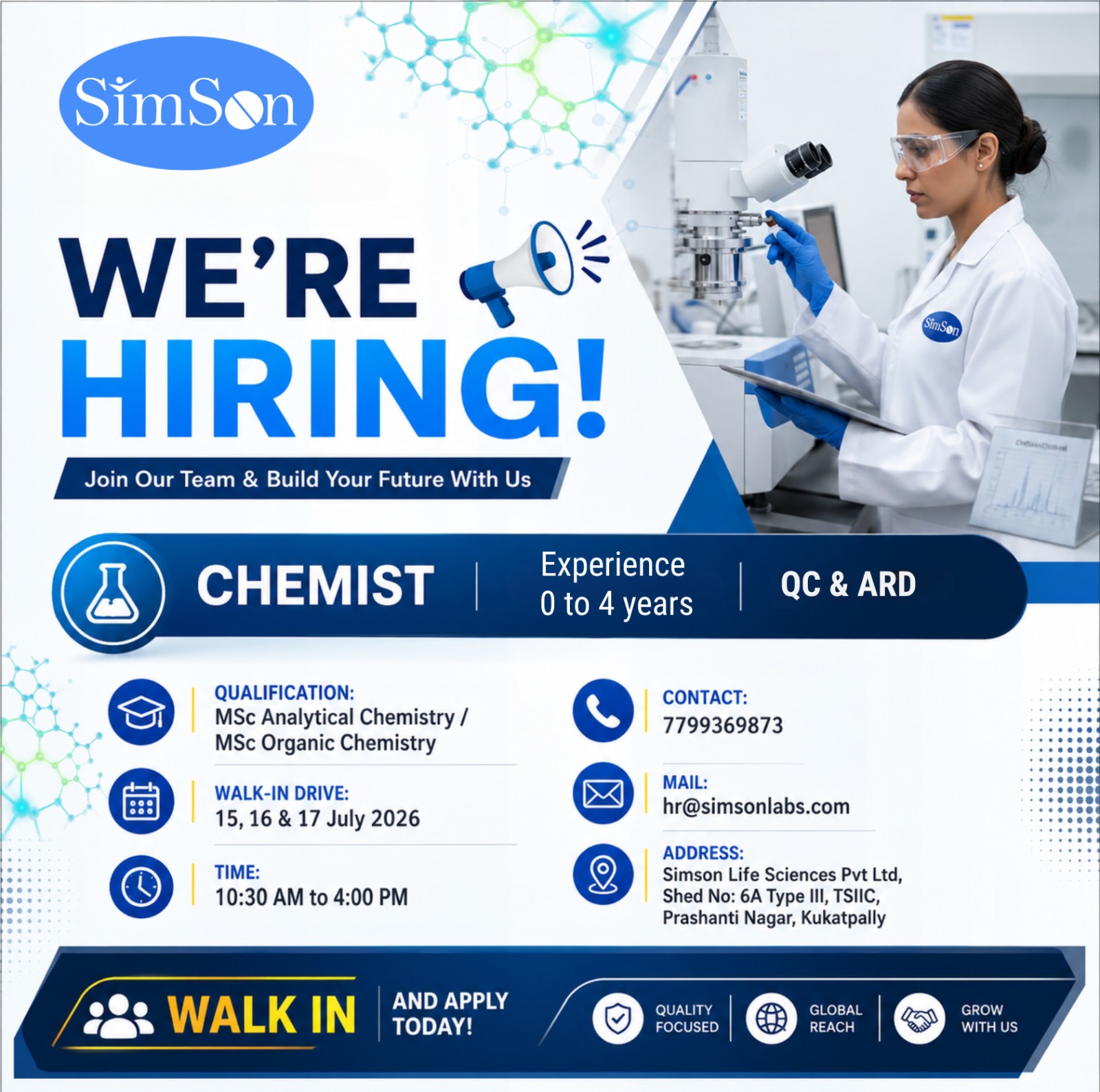 SimSon Life Sciences - Walk-In Interviews for Freshers & Experienced in QC & AR&D Department on 15th,16th & 17th July' 2026 - Pharmawisdom.co.in