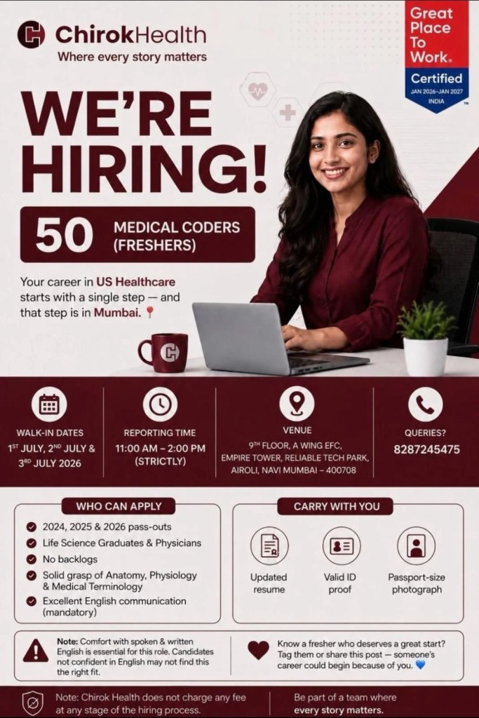 Chirok Health is Hiring 50 Medical Coders (Freshers)