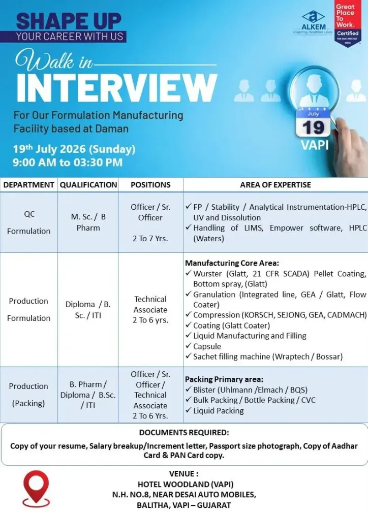 Alkem Laboratories is Hiring for Production, QC & Packing