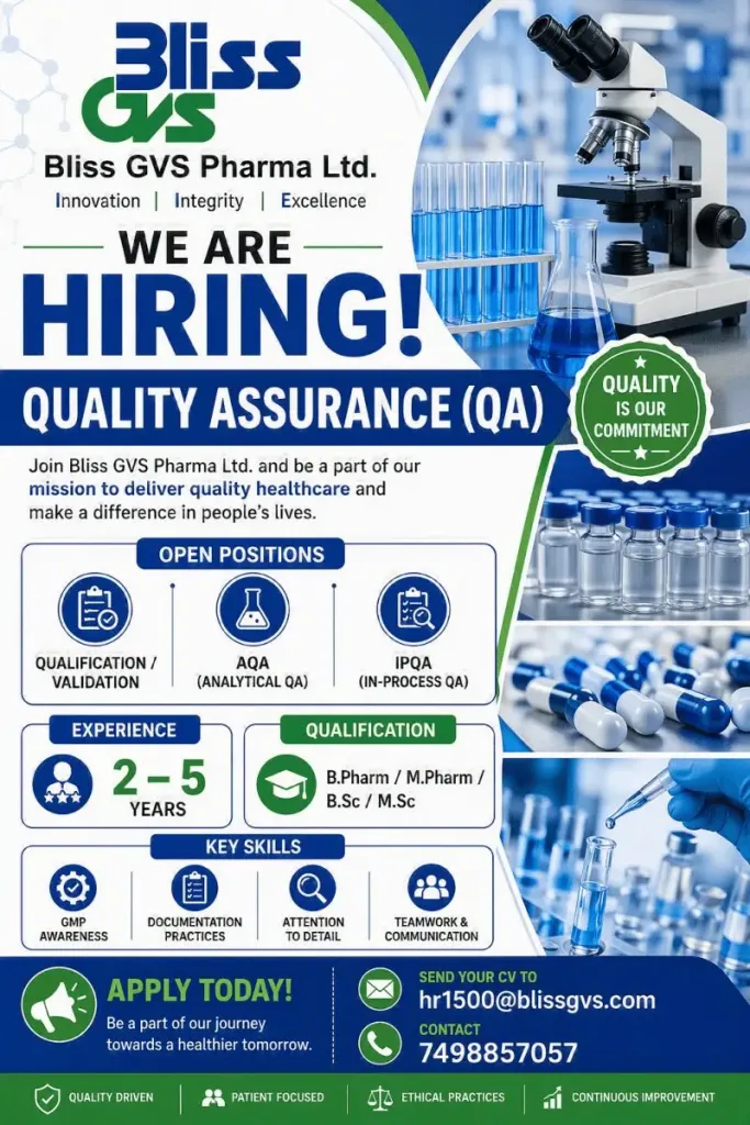 Bliss GVS Pharma is Hiring for Quality Assurance Professionals