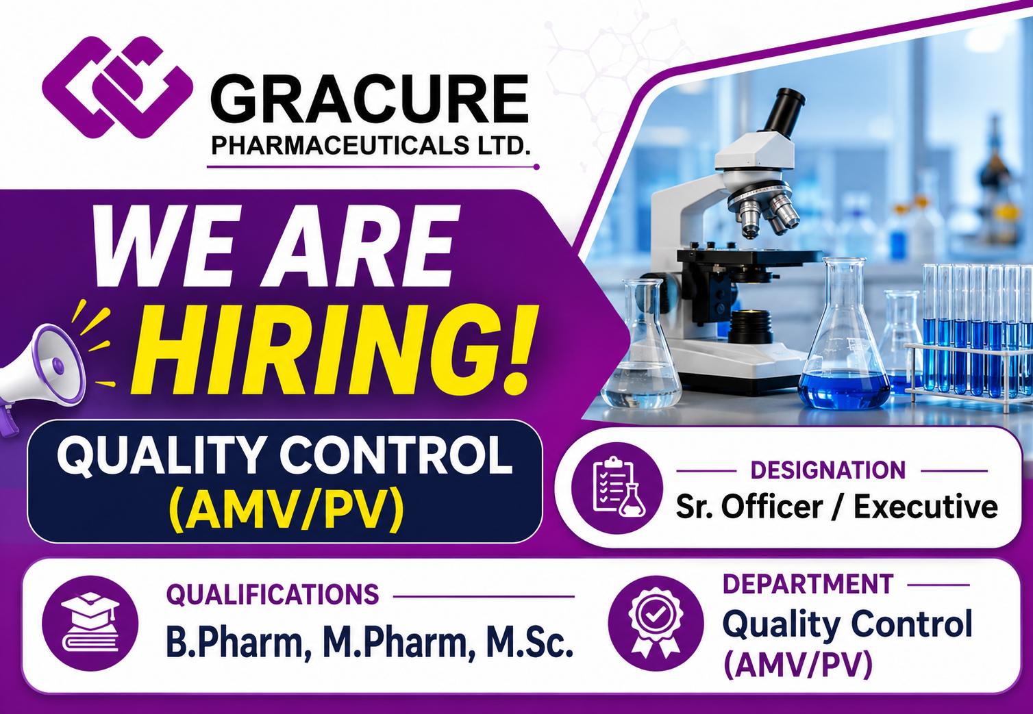 Gracure Pharmaceuticals is Hiring for Sr. Officer / Executive &ndash; Quality Control (AMV/PV)