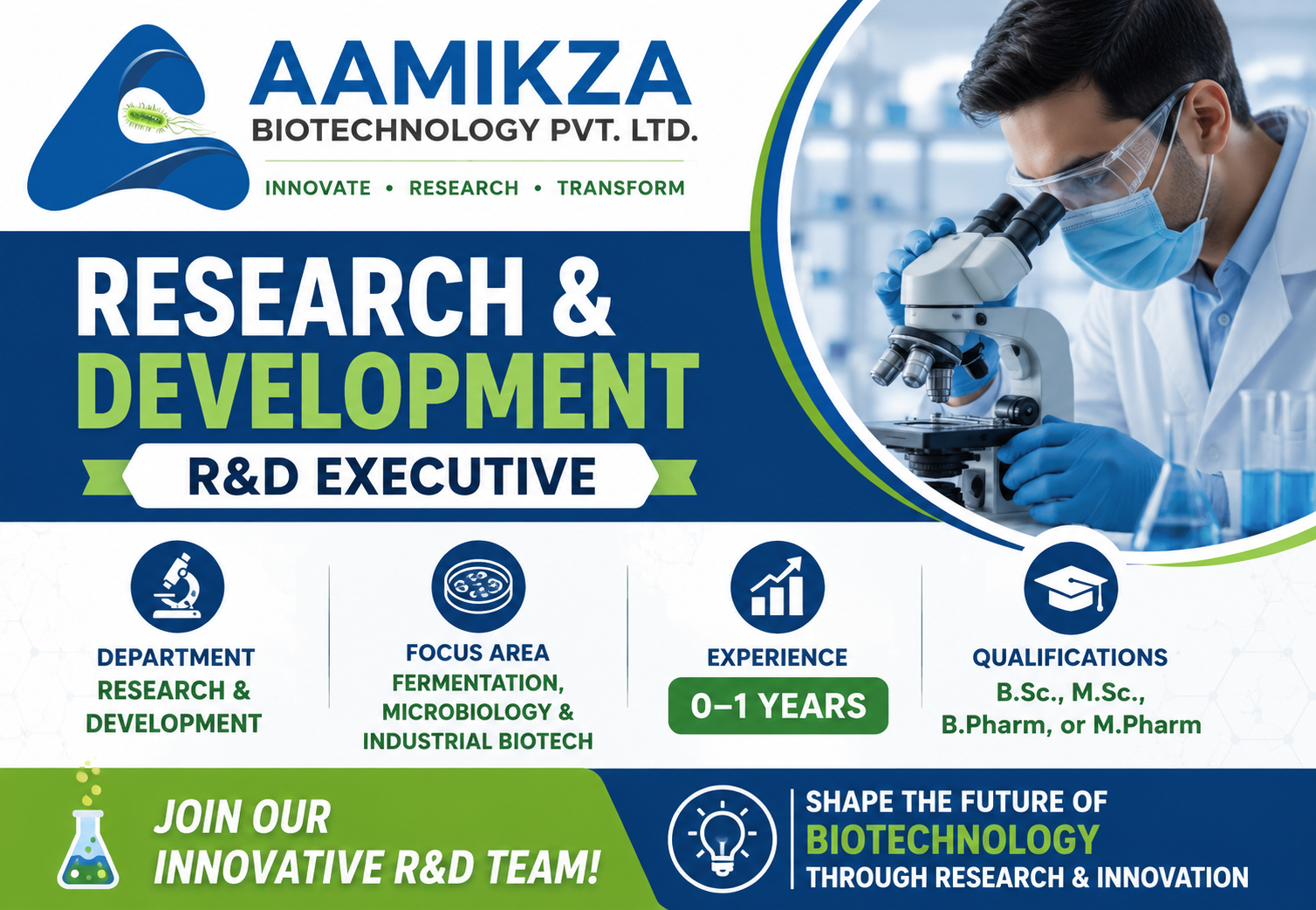 Aamikza Biotechnology is Hiring FRESHERS for Research & Development (R&D)