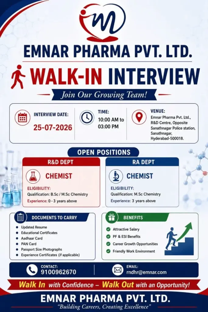 Emnar Pharma is Hiring Fresher & Experienced for R&D and Regulatory Affairs