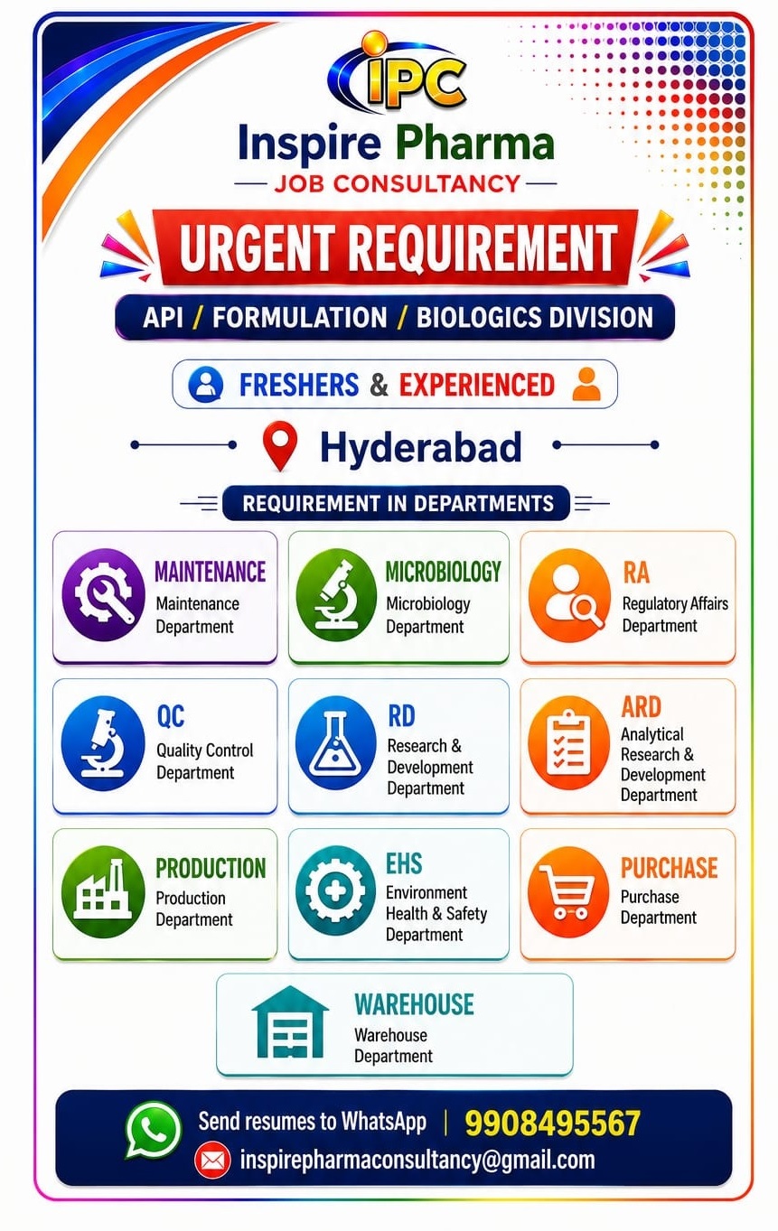 Multiple Openings in QC | RA | R&D | AR&D | Production | Micro | Purchase | EHS & Safety | Maintenance - API, Formulation & Biologics @ IPC, Hyderabad - Pharmawisdom.co.in