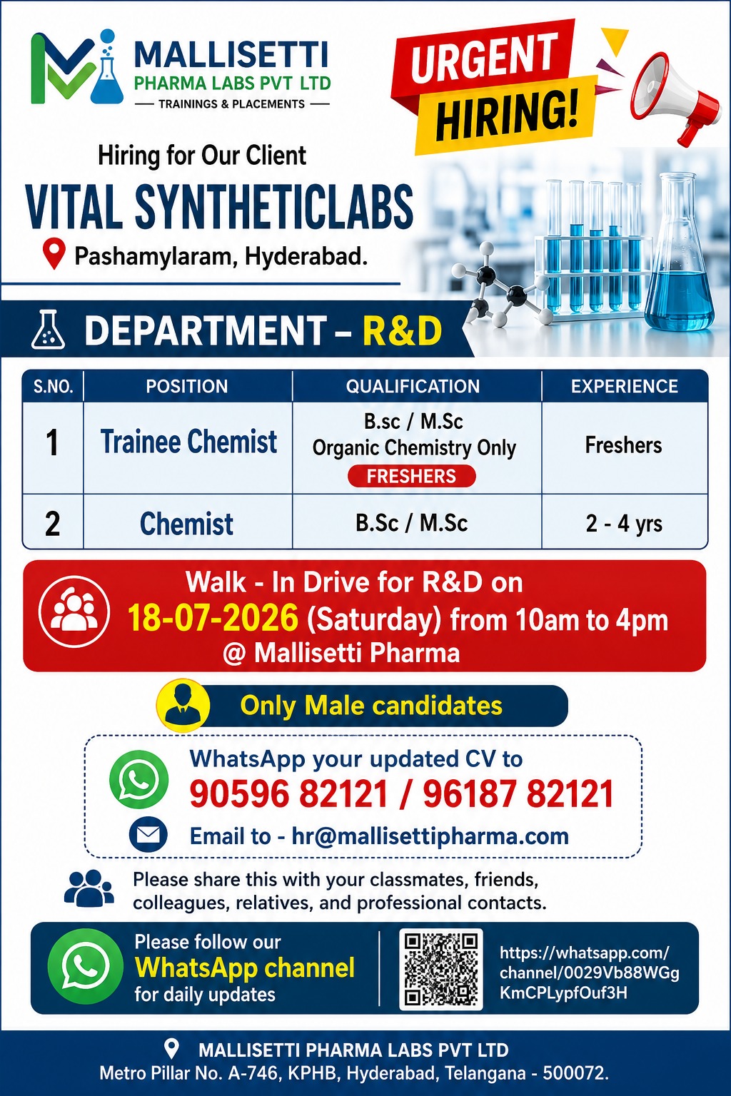 Vital Syntheticlabs - Walk-In Interviews for Freshers & Experienced in R&D on 18th July' 2026 at Hyderabad - Pharmawisdom.co.in