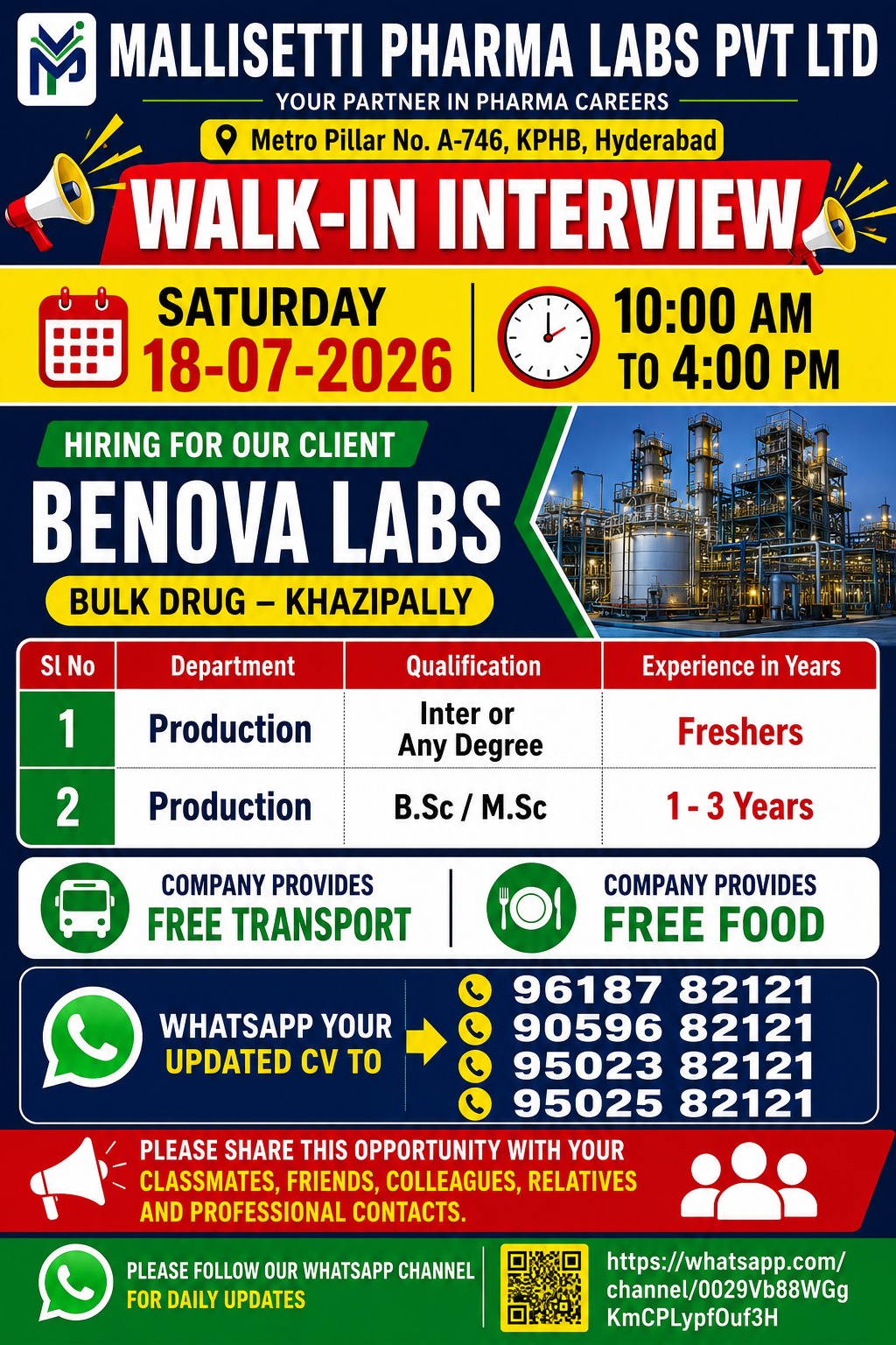 Benova Labs - Walk-In Interviews for Freshers & Experienced in Production on 18th July' 2026 at Mallisetti Pharma Labs, Hyderabad - Pharmawisdom.co.in