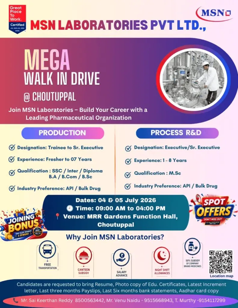 MSN Laboratories is Hiring FRESHERS for Production & Process R&D