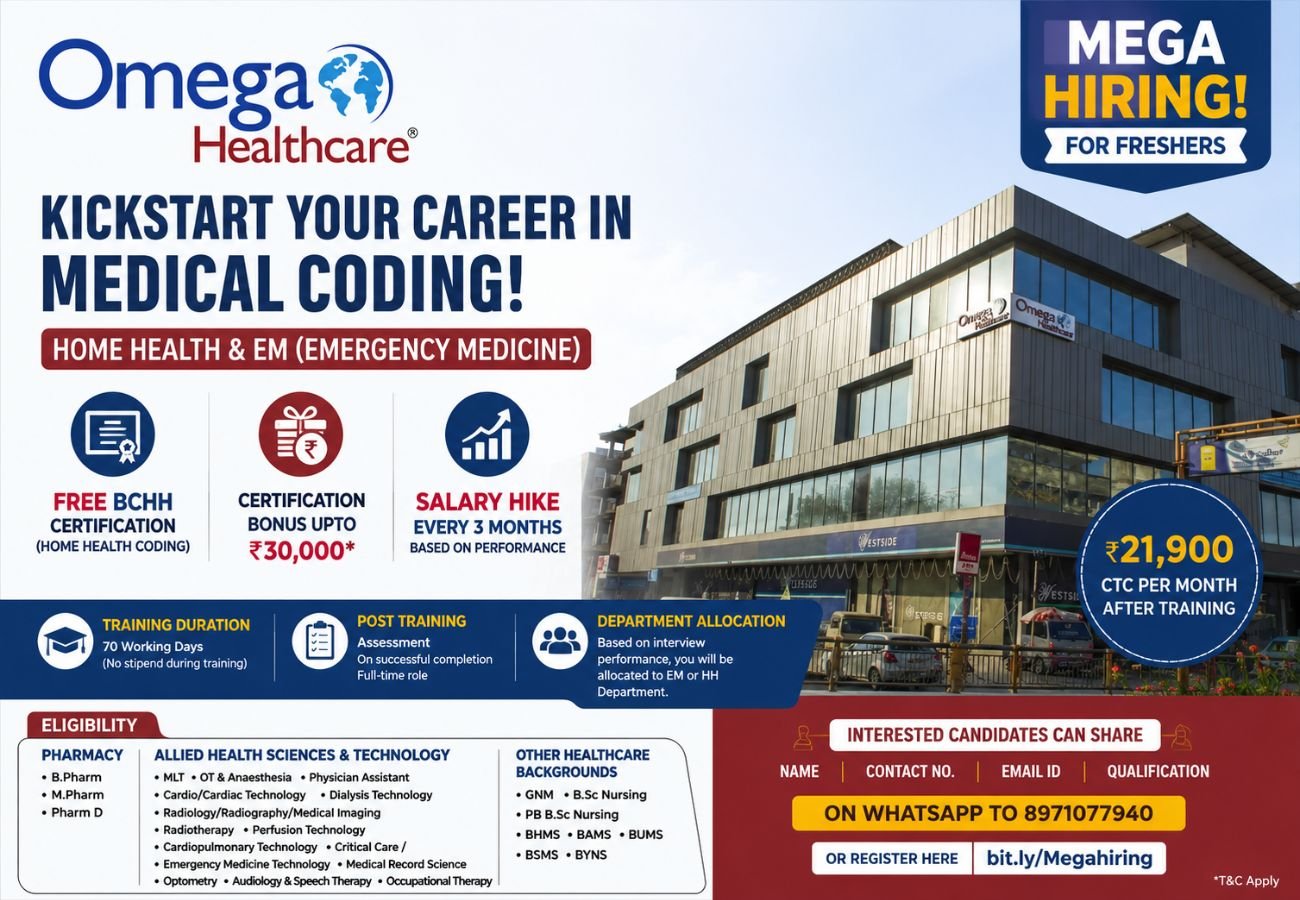 Omega Healthcare Mega Hiring Drive For Medical Coding | Free BCHH Certification | 22K | Salary hike every 3 months