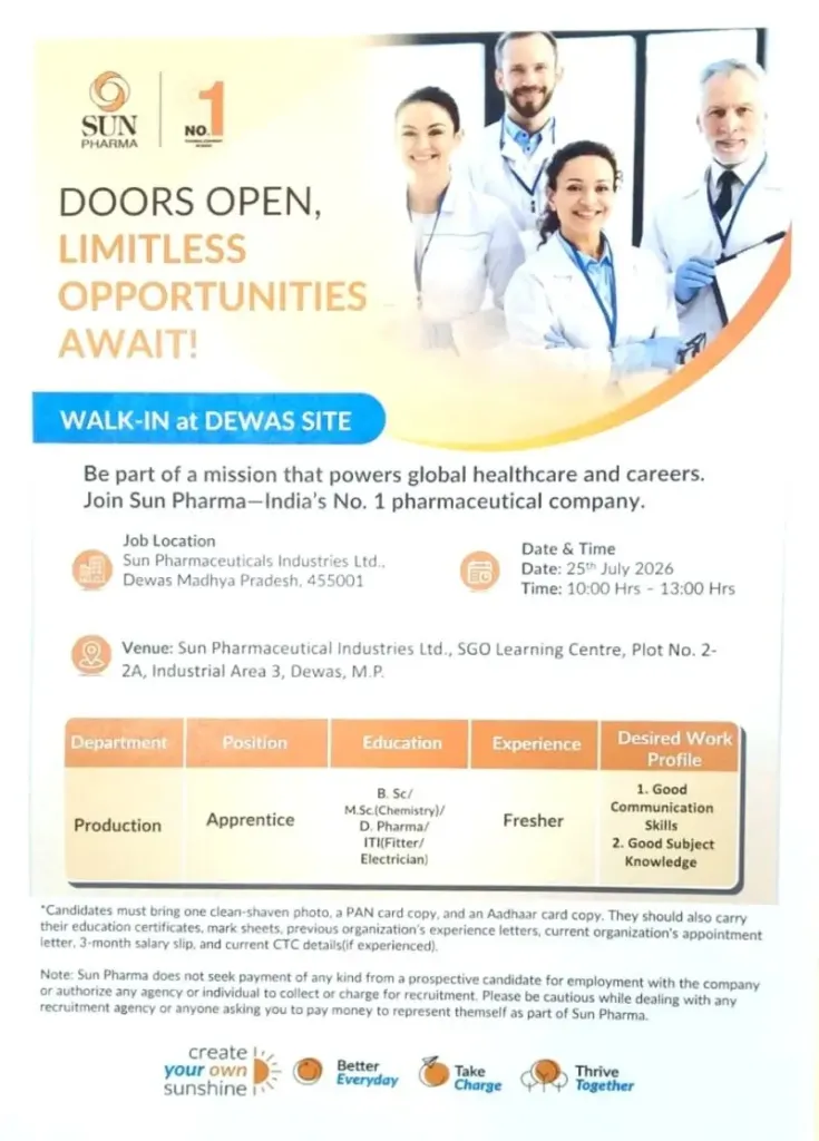 Sun Pharmaceutical is Hiring FRESHERS for Production Apprentice