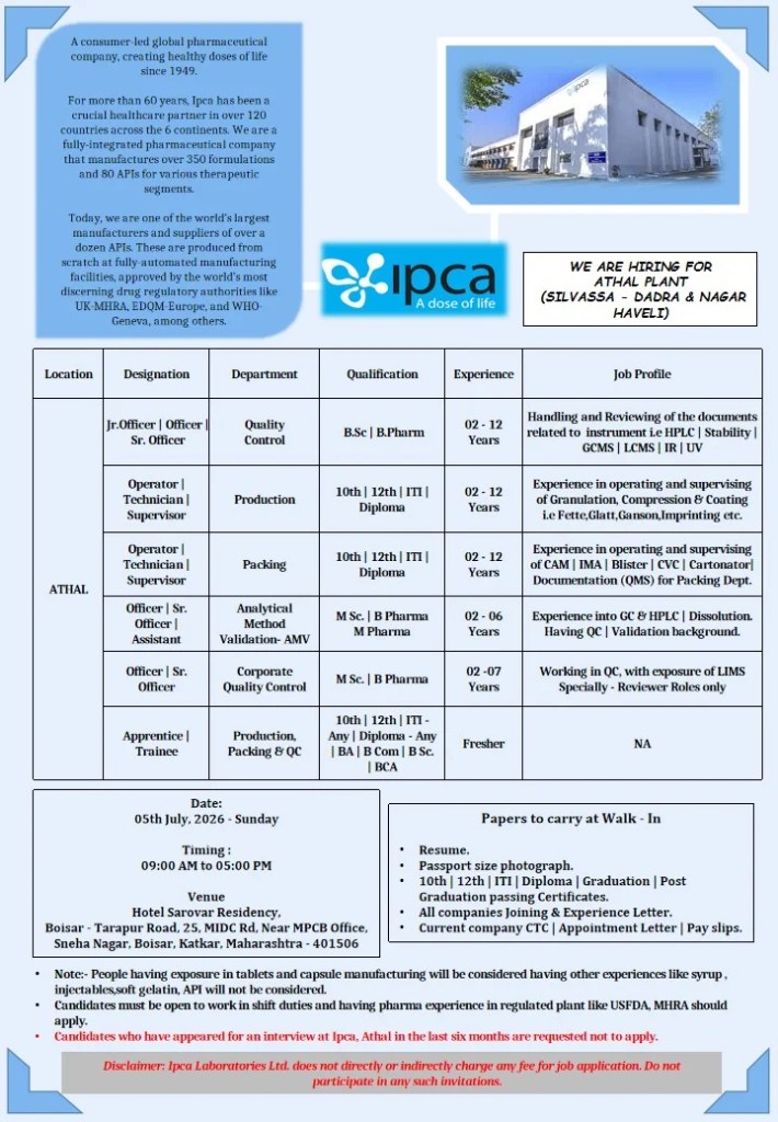 Ipca Laboratories is Hiring for QC, Production, Packing, Apprentice, & More