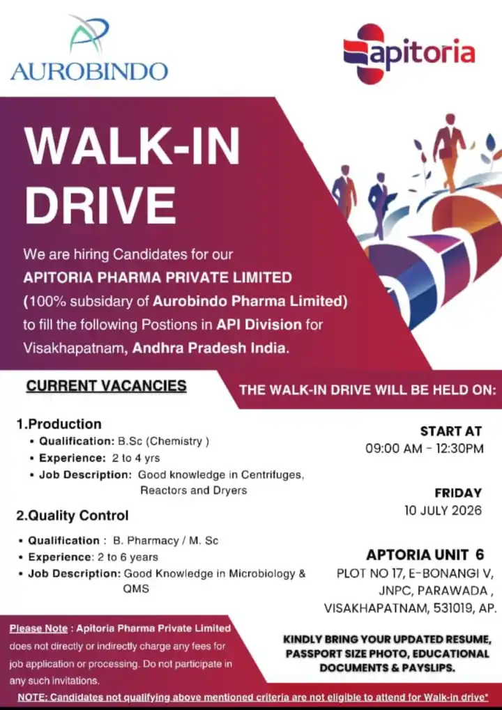 Apitoria Pharma (Aurobindo) is Hiring for Production, Quality Control