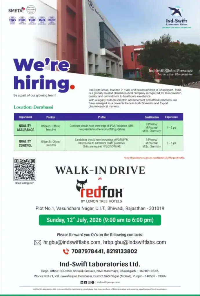 Ind-Swift Laboratories is Hiring for QA & QC Professionals