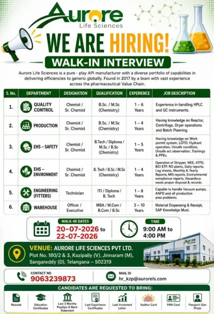Aurore Life Sciences is Hiring for QC, Production, EHS & Engineering Jobs