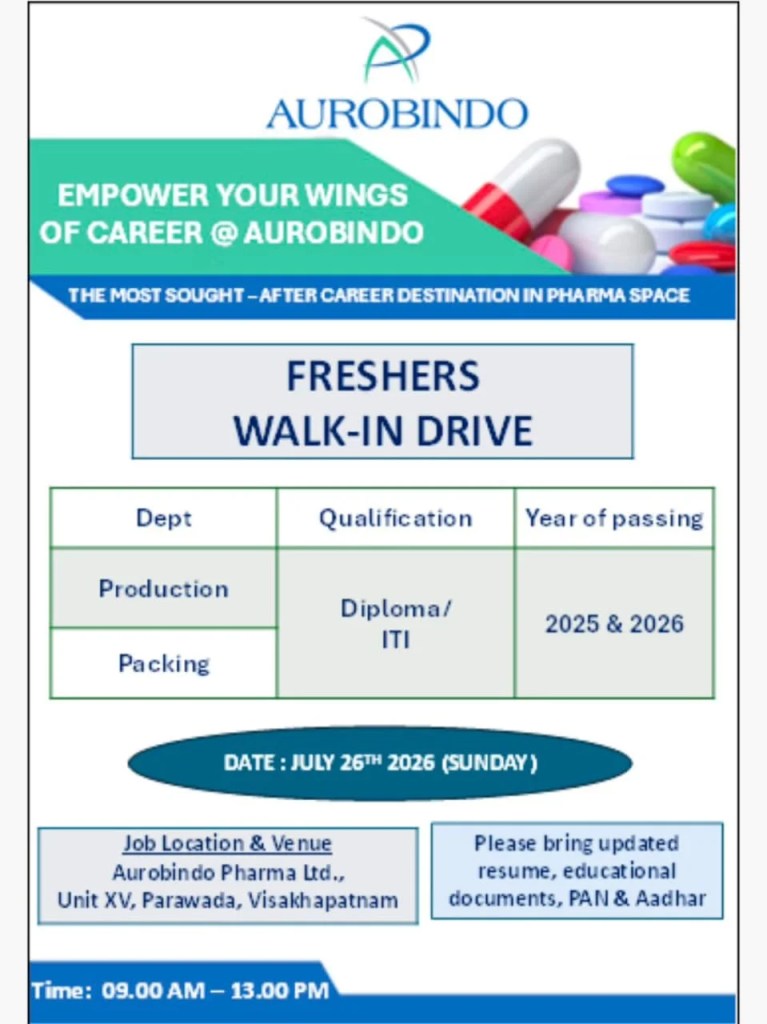 Aurobindo Pharma Freshers Walk-In Drive 2026 &ndash; Production & Packing Jobs