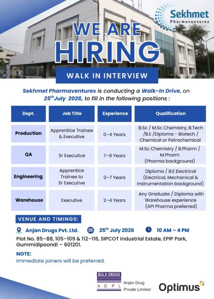 Sekhmet Pharma is Hiring Fresher & Experienced for Production, QA, Engineering and Warehouse