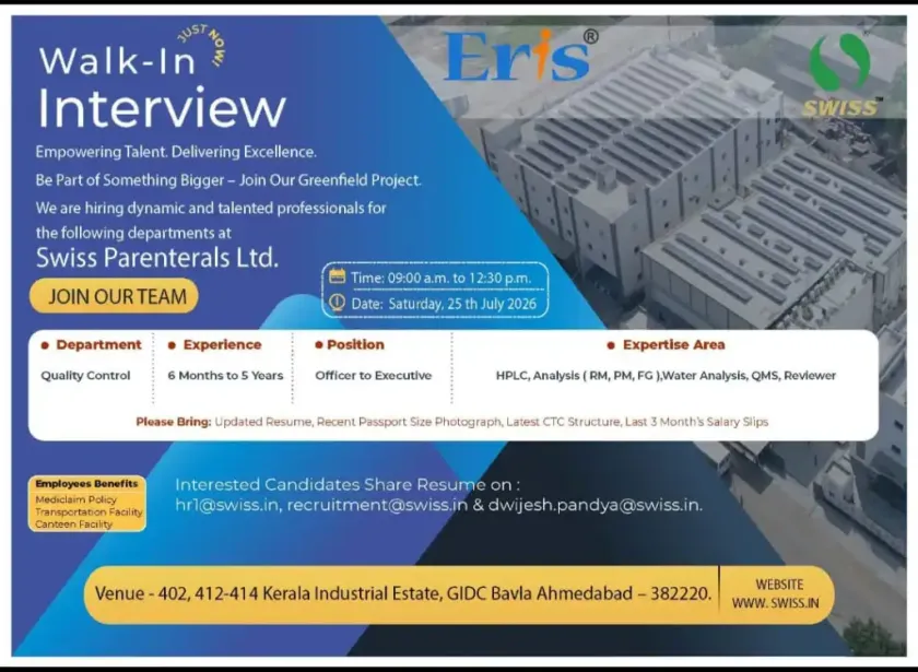 Eris Lifesciences is Hiring for Quality Control Officer to Executive