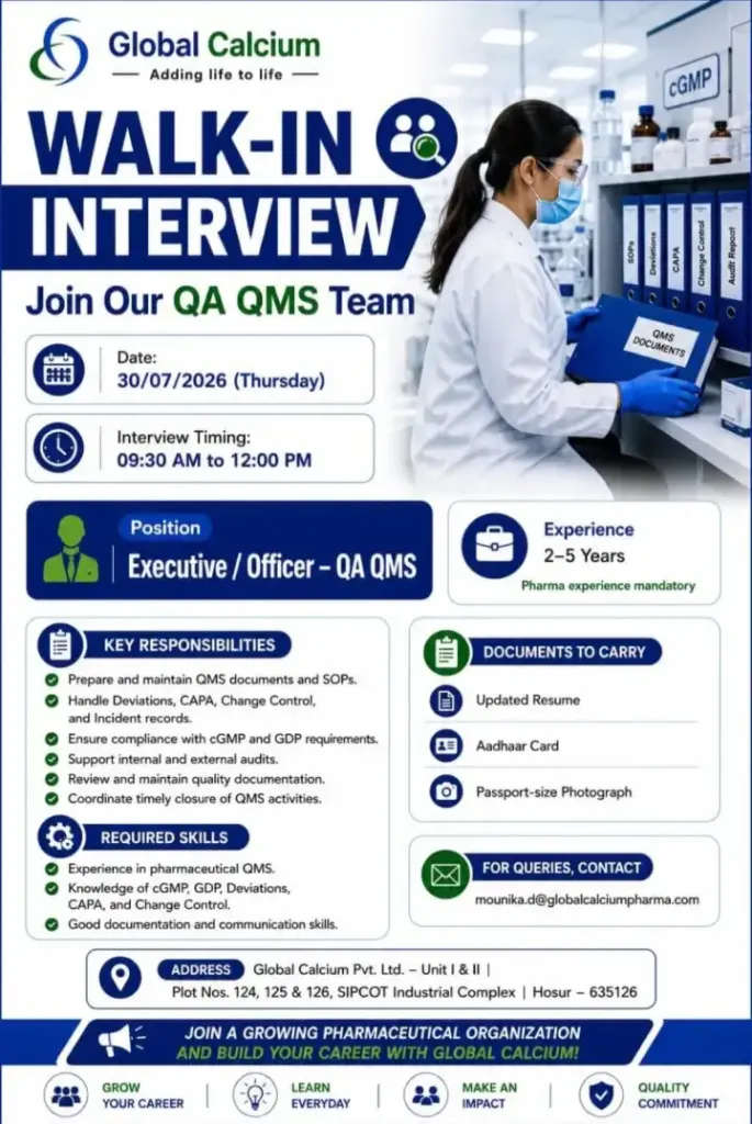 Global Calcium Announces Walk-In Interview for QA QMS Executive/Officer