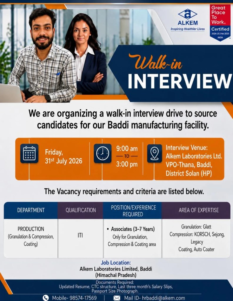 Alkem Laboratories is Hiring for Production Associate Role