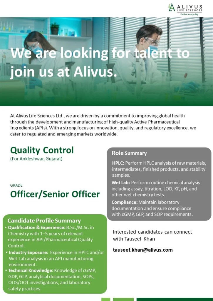 Alivus Life Sciences is Hiring for Officer / Senior Officer (Quality Control)
