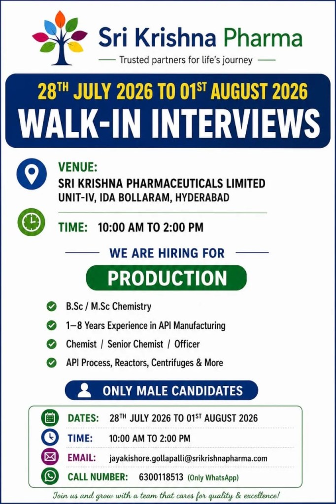 Sri Krishna Pharma is Hiring for Production (API Manufacturing)