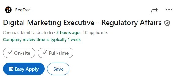 RegTrac Hiring Digital Marketing Executive Regulatory Affairs