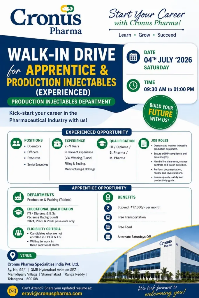 Cronus Pharma is Hiring FRESHERS for Apprentice - Production & Packing
