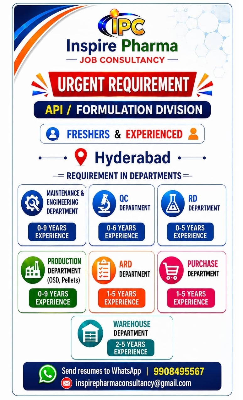 Urgent Requirement for Freshers & Experienced in QC | R&D | AR&D | Production | Purchase | Maintenance & Engineering - API & Formulation @ IPC, Hyderabad - Pharmawisdom.co.in