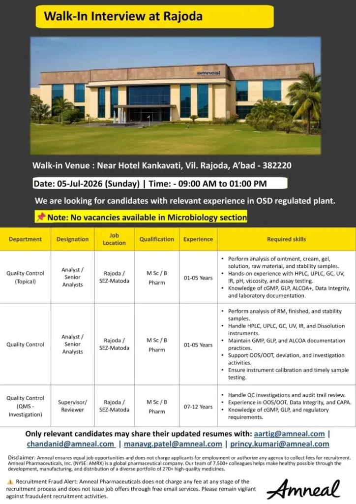 Amneal Pharmaceuticals is Hiring for Quality Control & QMS Roles