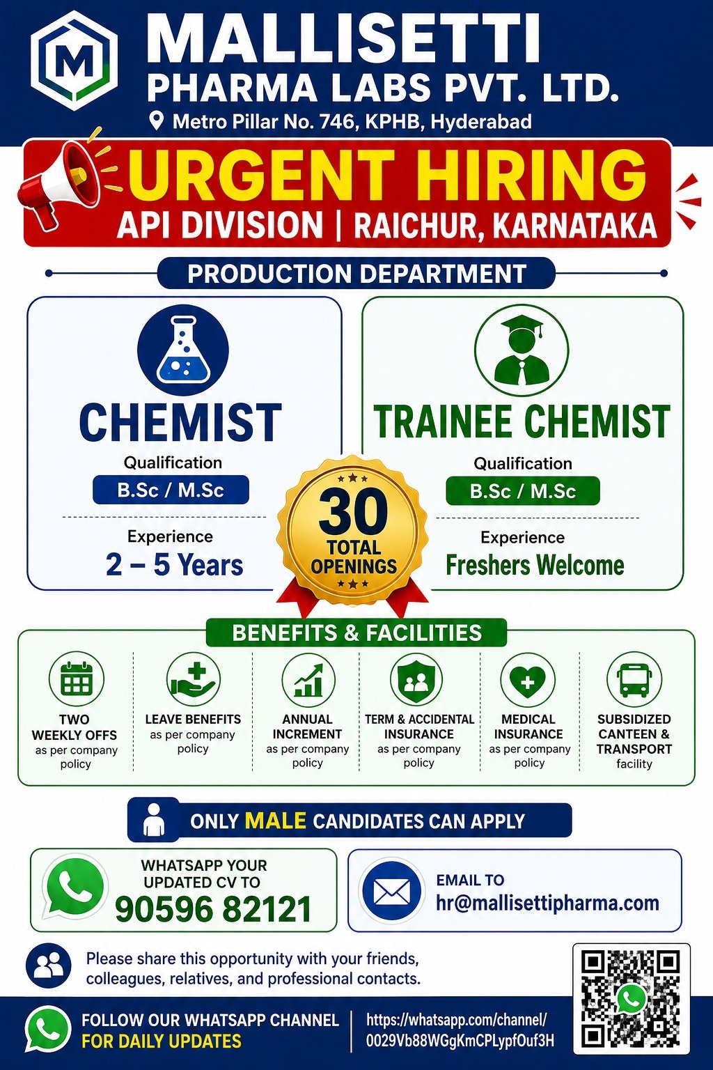 Urgent Hiring Chemist / Trainee Chemist - Production at Mallisetti Pharma Labs, Hyderabad - Pharmawisdom.co.in
