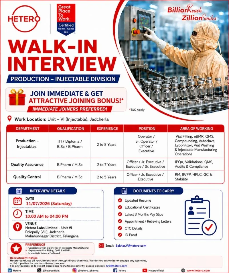 Hetero Labs Limited is Hiring for Production, QA & QC Jobs