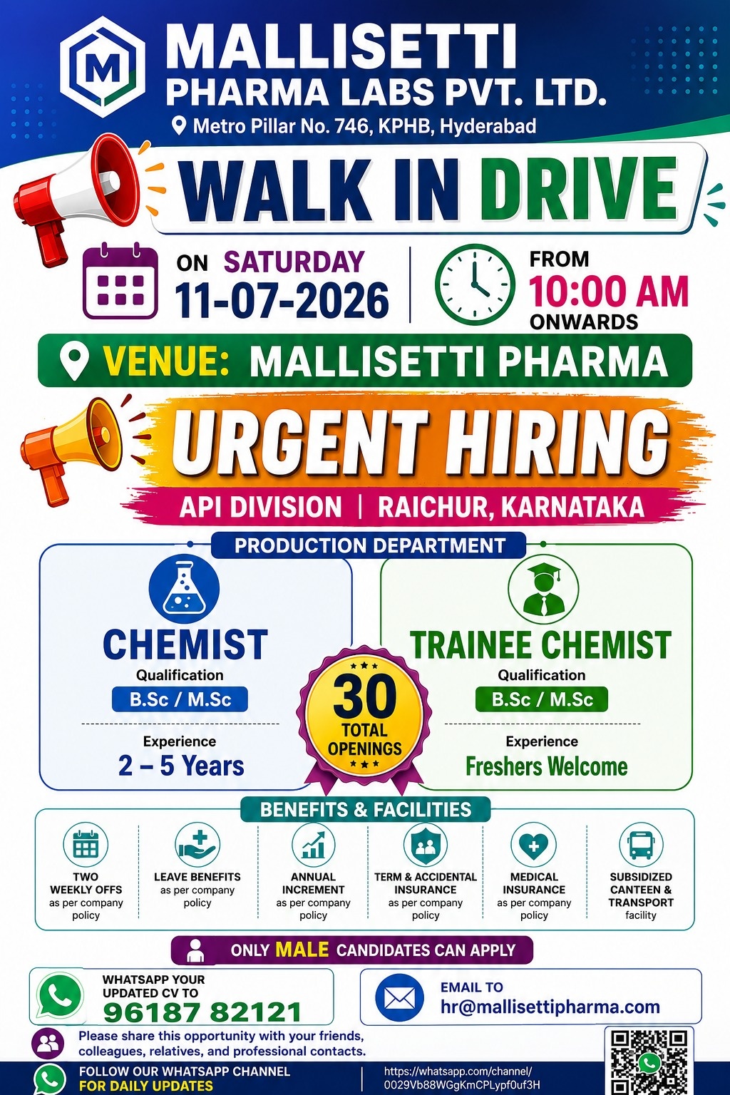 Walk-In Interviews for Freshers & Experienced in Production on 11th July' 2026 at Mallisetti Pharma Labs, Hyderabad - Pharmawisdom.co.in