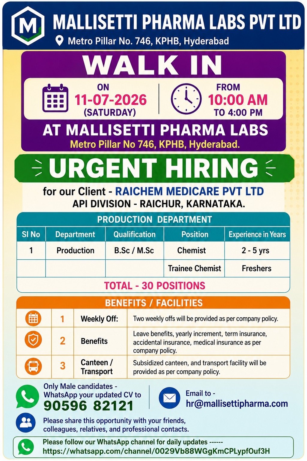 Raichem Medicare - Walk-In Interviews for Freshers & Experienced in Production on 11th July' 2026 @ Hyderabad - Pharmawisdom.co.in