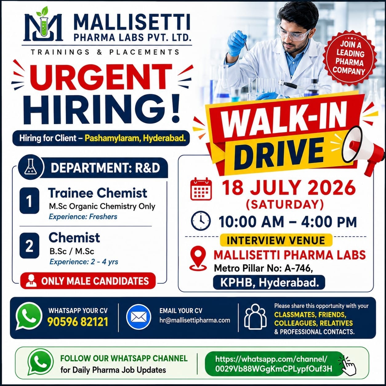 Walk-In Interviews for Freshers & Experienced in Production / R&D on 18th July' 2026 at Mallisetti Pharma Labs, Hyderabad - Pharmawisdom.co.in