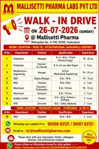 Walk-In Interviews for Production / QC / R&D / EHS / Warehouse / Maintenance / Engineering on 26th July’ 2026 @ Mallisetti Pharma Labs, Hyderabad