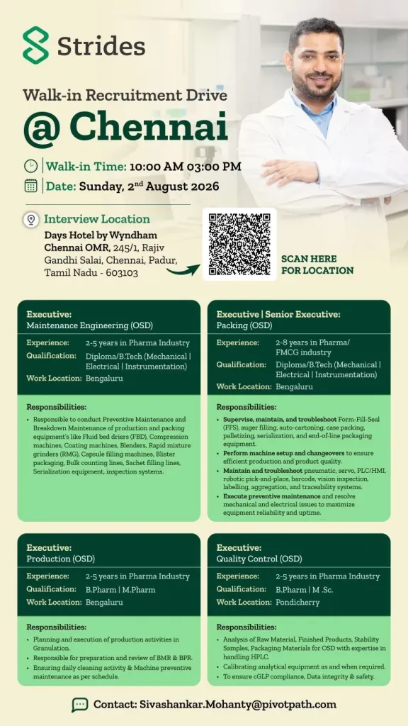 Strides Pharma is Hiring for Production, Packing, QC, Engineering