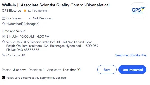 Associate Scientist Quality Control-Bioanalytical Walk-in at QPS Bioserve | Hyderabad | 0 - 5 Years