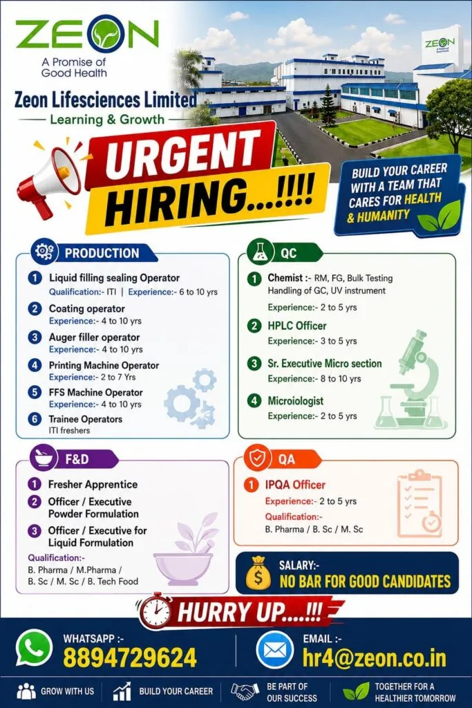 Zeon Lifesciences is Hiring Fresher & Experienced for Production, QC, QA & F&D Jobs