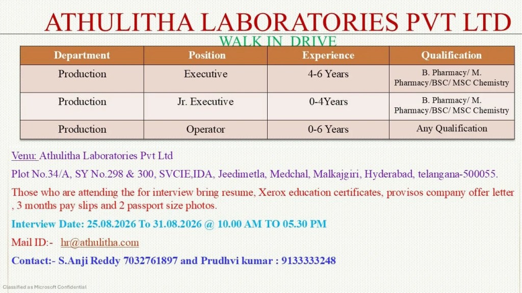 Athulitha Laboratories is Hiring Freshers & Experienced Production Department