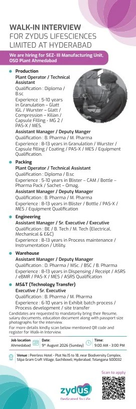 Zydus Lifesciences is Hiring for Production, Packing, Engineering & Warehouse