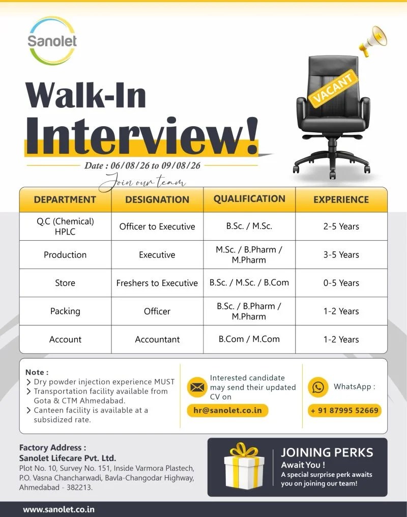 Sanolet Lifecare is Hiring Fresher & Experienced for QC, Production, Store & Packing